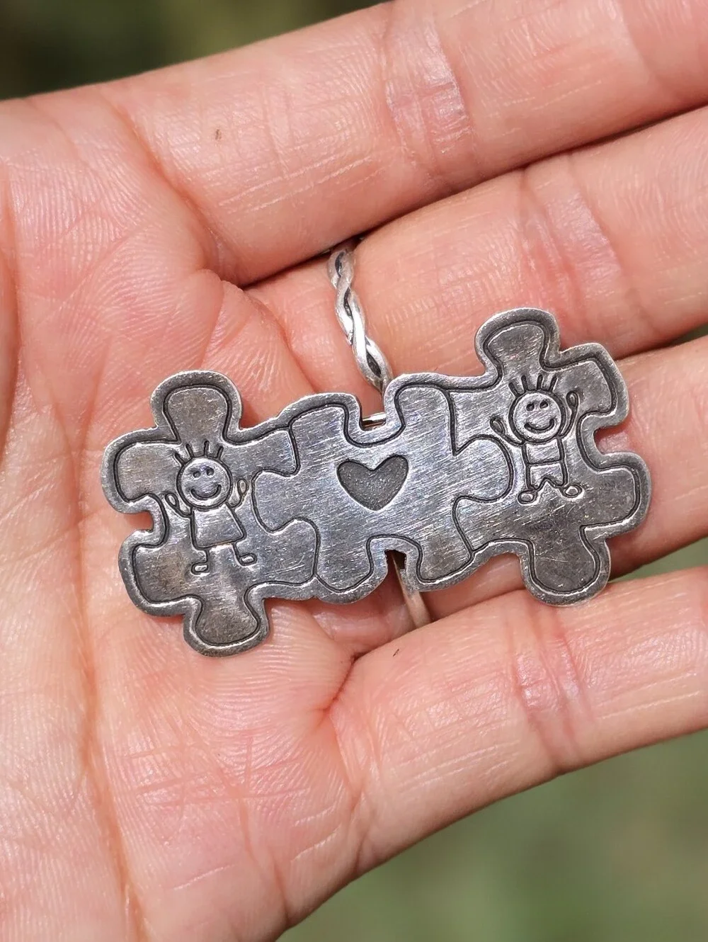Vintage solid 925 sterling silver Autism awareness children heart puzzle pieces